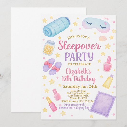Chic Sleepover verjaardagsuitnodiging Kaart (Voorkant / Achterkant)