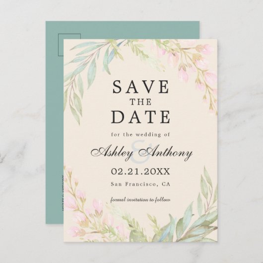 Chic Smaragd en Roze Bloemige Elegante Save the Da Aankondigingskaart (Voorkant / Achterkant)