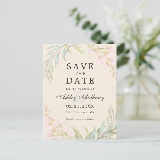 Chic Smaragd en Roze Bloemige Elegante Save the Da Aankondigingskaart (Staand voorkant)