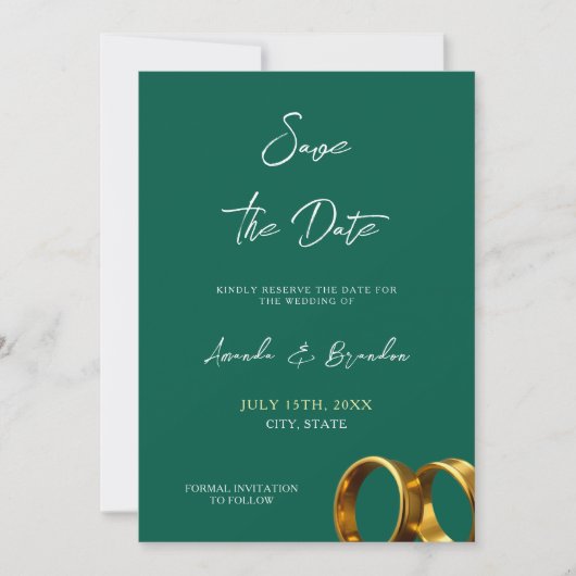 Chic smaragdgroene gouden ringen bruiloft save the date (Voorkant)