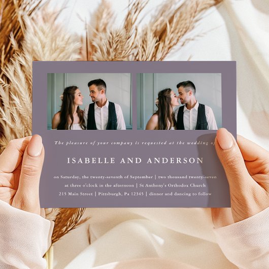 Chic Smoky Paarse Twee foto bruiloft Kaart