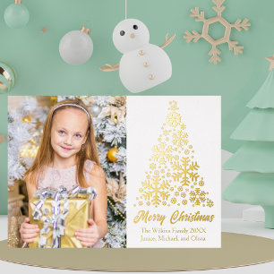 Chic Snowflakes Kerstboom Familie Foto Goud Folie Feestdagenkaart