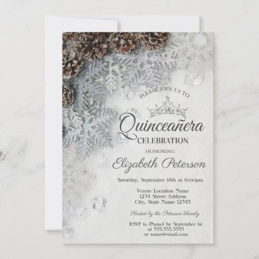 Chic Snowflakes Pine Cones Quinceañera Kaart (Voorkant)