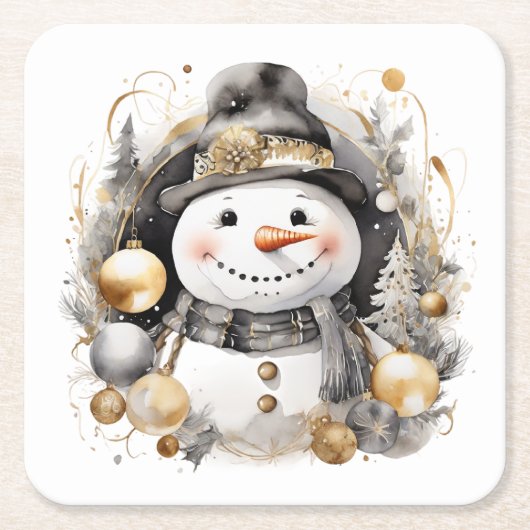Chic Snowman: Black and Gold Holiday Charm Kartonnen Onderzetters (Voorkant)