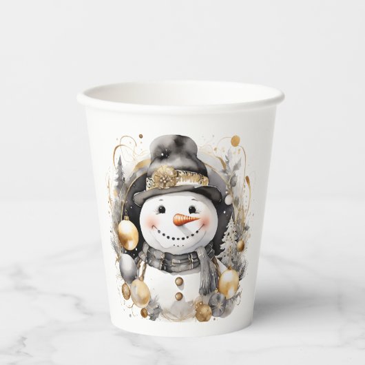 Chic Snowman: Black and Gold Holiday Charm Papieren Bekers (Voorkant)
