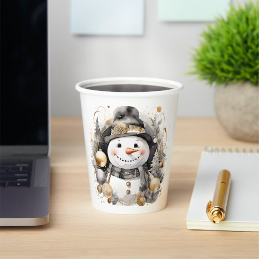 Chic Snowman: Black and Gold Holiday Charm Papieren Bekers (Insitu)