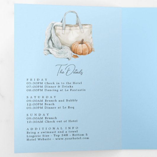 Chic Social Beach Club Autumn Bachelorette Weekend Drieluik Uitnodiging (Binnenzijde eerst)