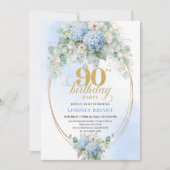 Chic Soft Blue Floral Eucalyptus 90th Birthday Kaart (Voorkant)