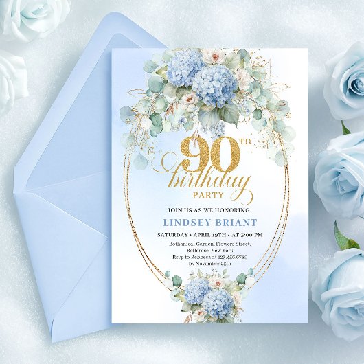 Chic Soft Blue Floral Eucalyptus 90th Birthday Kaart