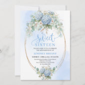 Chic Soft Blue Floral Gold Sweet 16 Birthday Party Kaart (Voorkant)