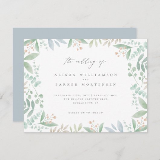 Chic Soft Eucalyptus, bladeren & groen bruiloft Uitnodiging Briefkaart (Voorkant / Achterkant)