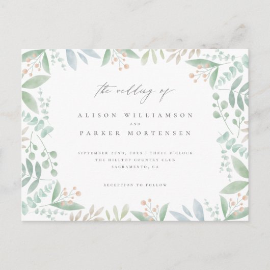 Chic Soft Eucalyptus, bladeren & groen bruiloft Uitnodiging Briefkaart (Voorkant)