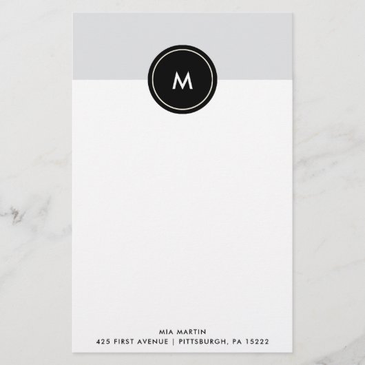 Chic Soft Grijs en Zwart | Monogram Briefpapier (Voorkant)