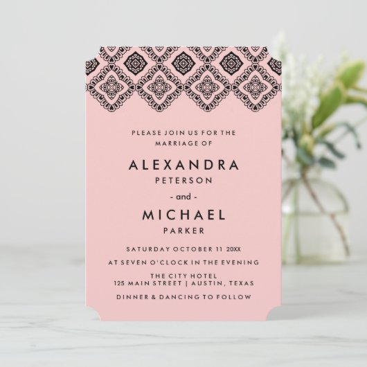 Chic Soft Pink en Black Wedding Eastern Pattern Kaart (Staand voorkant)