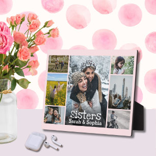 Chic Soft Pink White Text Sisters Photo Collage Fotoplaat