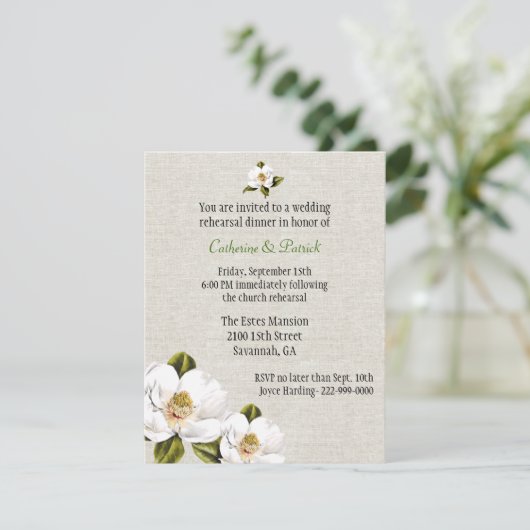 Chic Southern Magnolias Wedding Rehearsal Dinner Kaart (Staand voorkant)