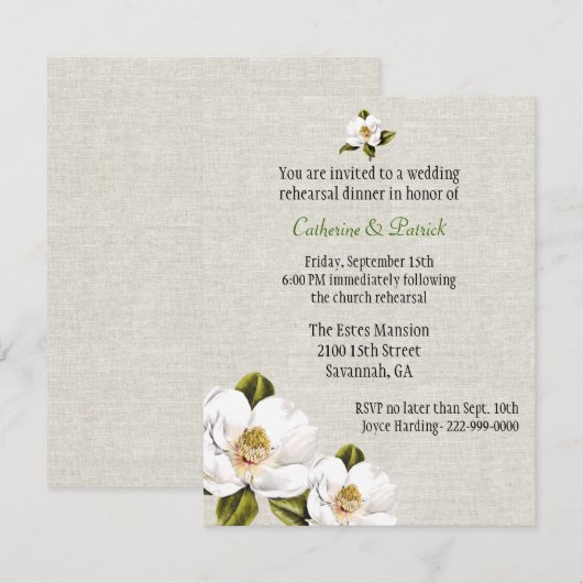 Chic Southern Magnolias Wedding Rehearsal Dinner Kaart (Voorkant / Achterkant)