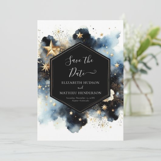 Chic Space hemelse bruiloft Save The Date (Staand voorkant)