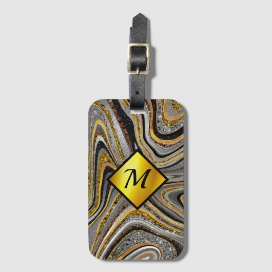 Chic Sparkle Glitter marble art grijs goudmonogram Bagagelabel (Voorkant (verticaal))