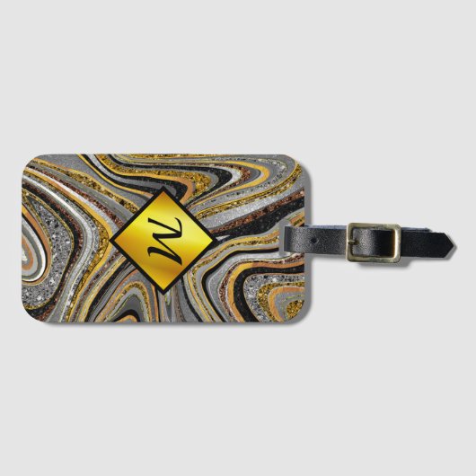 Chic Sparkle Glitter marble art grijs goudmonogram Bagagelabel (Voorkant (horizontaal))