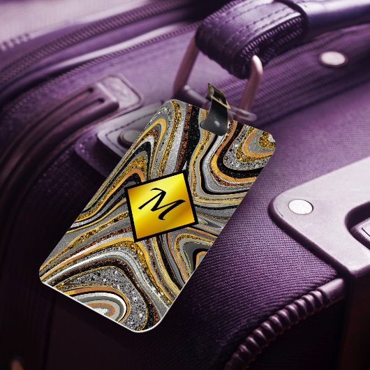 Chic Sparkle Glitter marble art grijs goudmonogram Bagagelabel