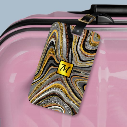 Chic Sparkle Glitter marble art grijs goudmonogram Bagagelabel