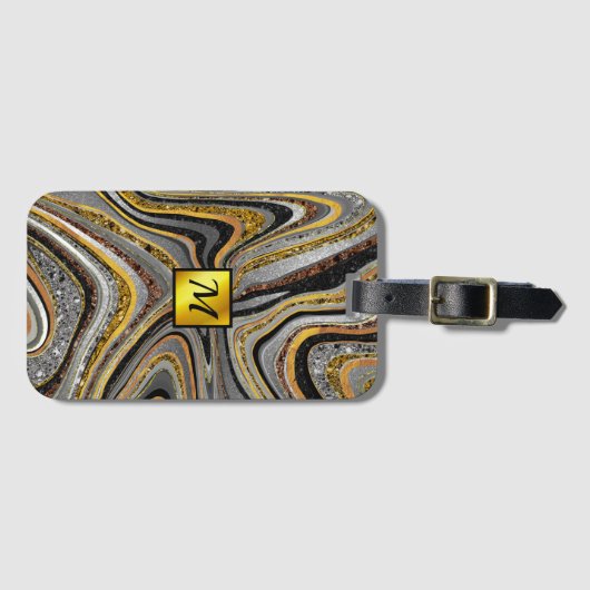 Chic Sparkle Glitter marble art grijs goudmonogram Bagagelabel (Voorkant (horizontaal))