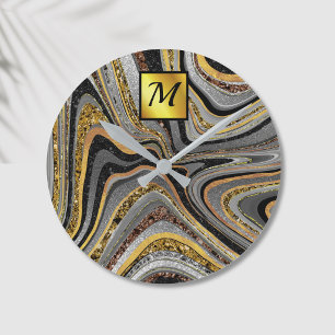 Chic Sparkle Glitter marble art grijs goudmonogram Ronde Klok