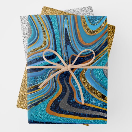 Chic Sparkle Glitter marmer blauw goud Inpakpapier Vel (In situ)