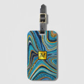 Chic Sparkle Glitter marmer blauw goudmonogram Bagagelabel (Voorkant (verticaal))