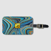 Chic Sparkle Glitter marmer blauw goudmonogram Bagagelabel (Voorkant (horizontaal))