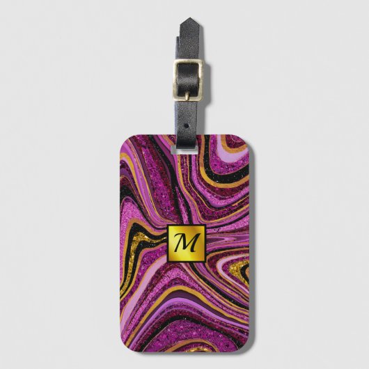 Chic Sparkle Glitter marmer roze goudmonogram Bagagelabel (Voorkant (verticaal))