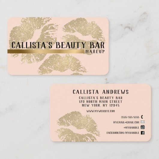 Chic Sparkly Gold Glitter Lips Make-up Artist Visitekaartje (Voorkant / Achterkant)