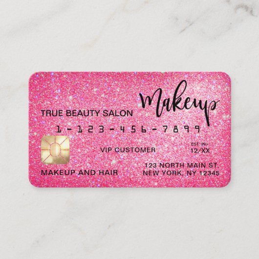 Chic Sparkly Neon Pink Glitter Credit Kaart Make-u Visitekaartje (Voorkant)
