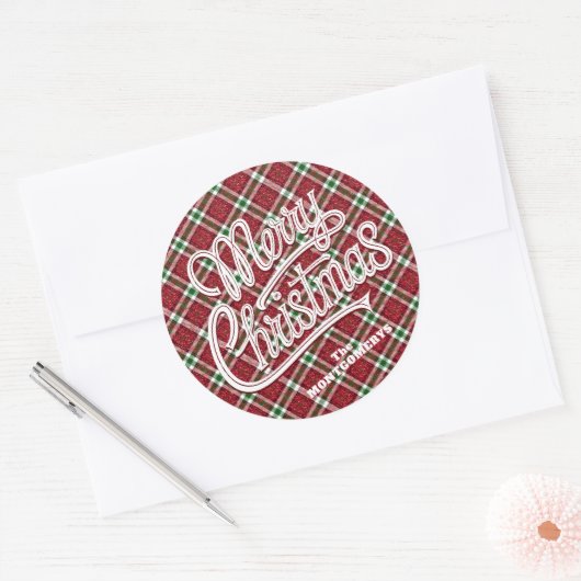 Chic Sparkly Plaid Christmas Ronde Sticker (Envelop)