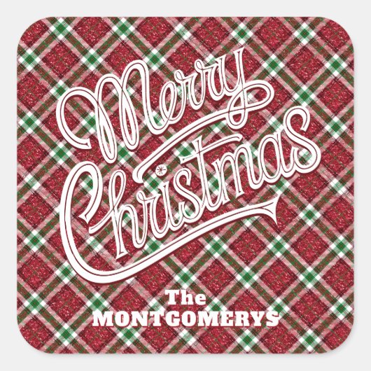Chic Sparkly Plaid Christmas  Vierkante Sticker (Voorkant)