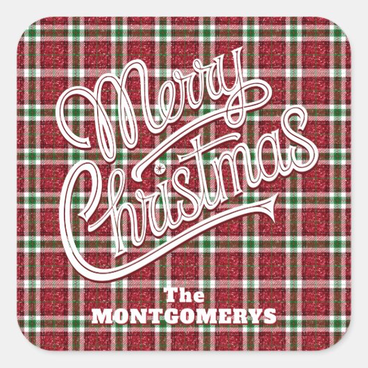 Chic Sparkly Plaid Christmas Vierkante Sticker (Voorkant)