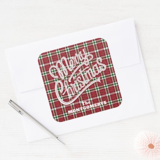 Chic Sparkly Plaid Christmas Vierkante Sticker (Envelop)