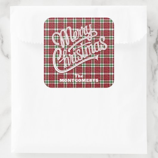 Chic Sparkly Plaid Christmas Vierkante Sticker (Tas)