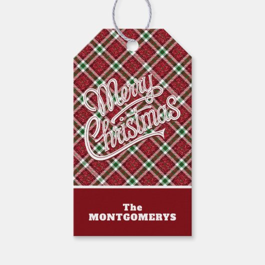 Chic Sparkly Plaid Merry Christmas Cadeaulabel (Voorkant)