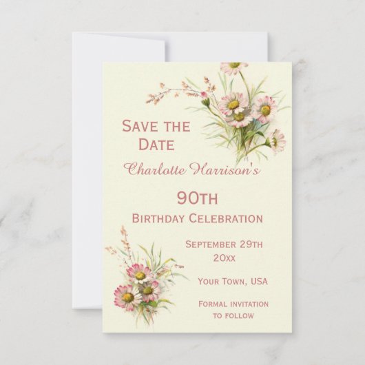 Chic Spring Bloemen 90ste verjaardag Save The Date (Achterkant)