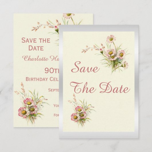Chic Spring Bloemen 90ste verjaardag Save The Date (Voorkant / Achterkant)
