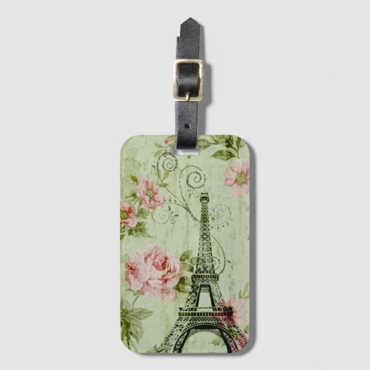 chic spring mint roze floral paris eiffel tower bagagelabel (Voorkant (verticaal))