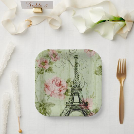 chic spring mint roze floral paris eiffel tower papieren bordje (Huwelijk)