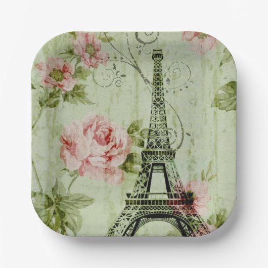 chic spring mint roze floral paris eiffel tower papieren bordje (Voorkant)