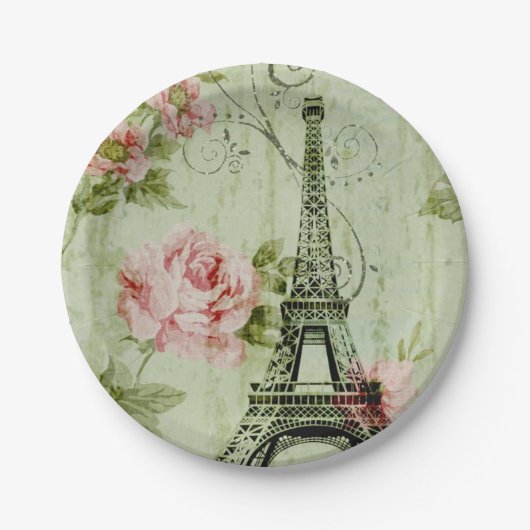 chic spring mint roze floral paris eiffel tower papieren bordje (Voorkant)