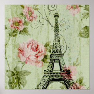 chic spring mint roze floral paris eiffel tower poster