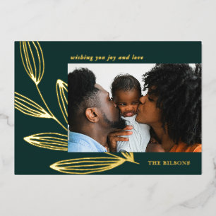 Chic Sprout Green en Gold Foil Holiday Fotokaart Folie Feestdagenkaart