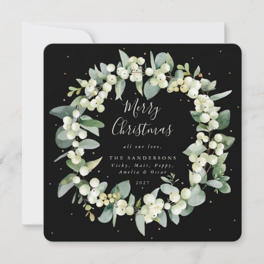 Chic Square Snowberry+Eucalyptus Kerstmis Wreater Feestdagenkaart (Voorkant)