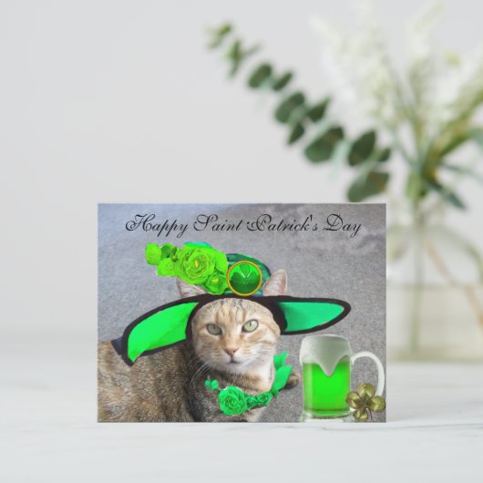 CHIC ST.PATRICK'S DAY CAT, GROENE ROZEN, IRISH BEE BRIEFKAART (Staand voorkant)